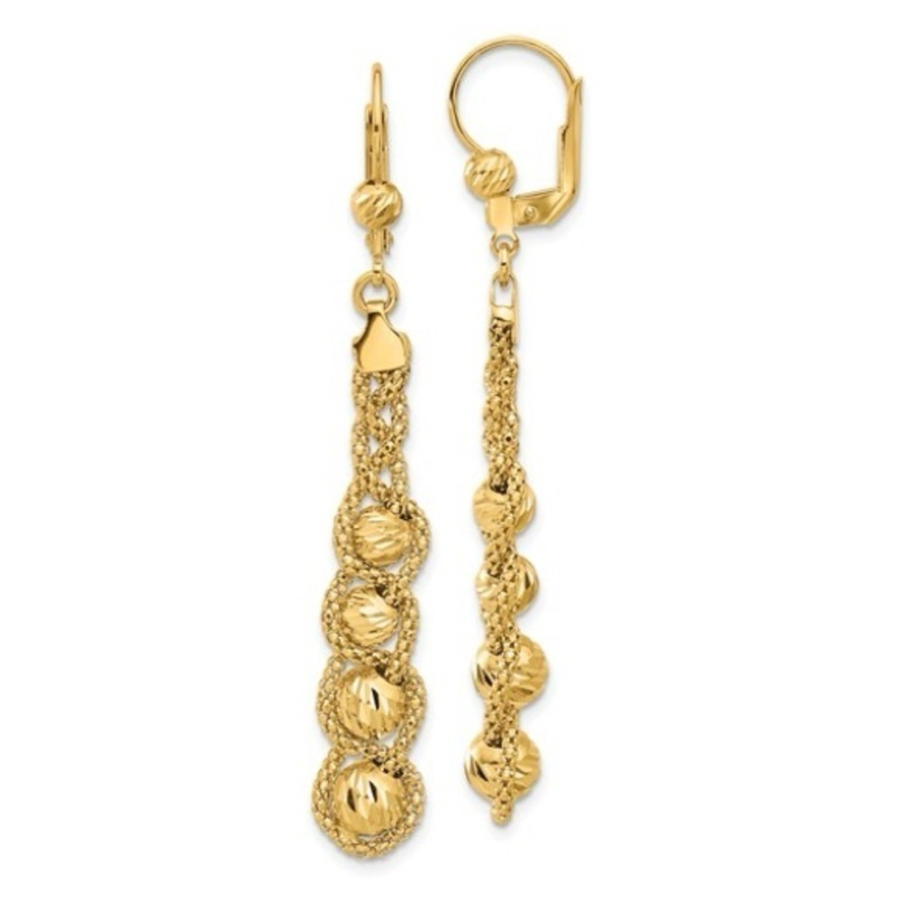 Leslie's 14K Polished Textured and Diamond Cut Beaded Leverback Earrings